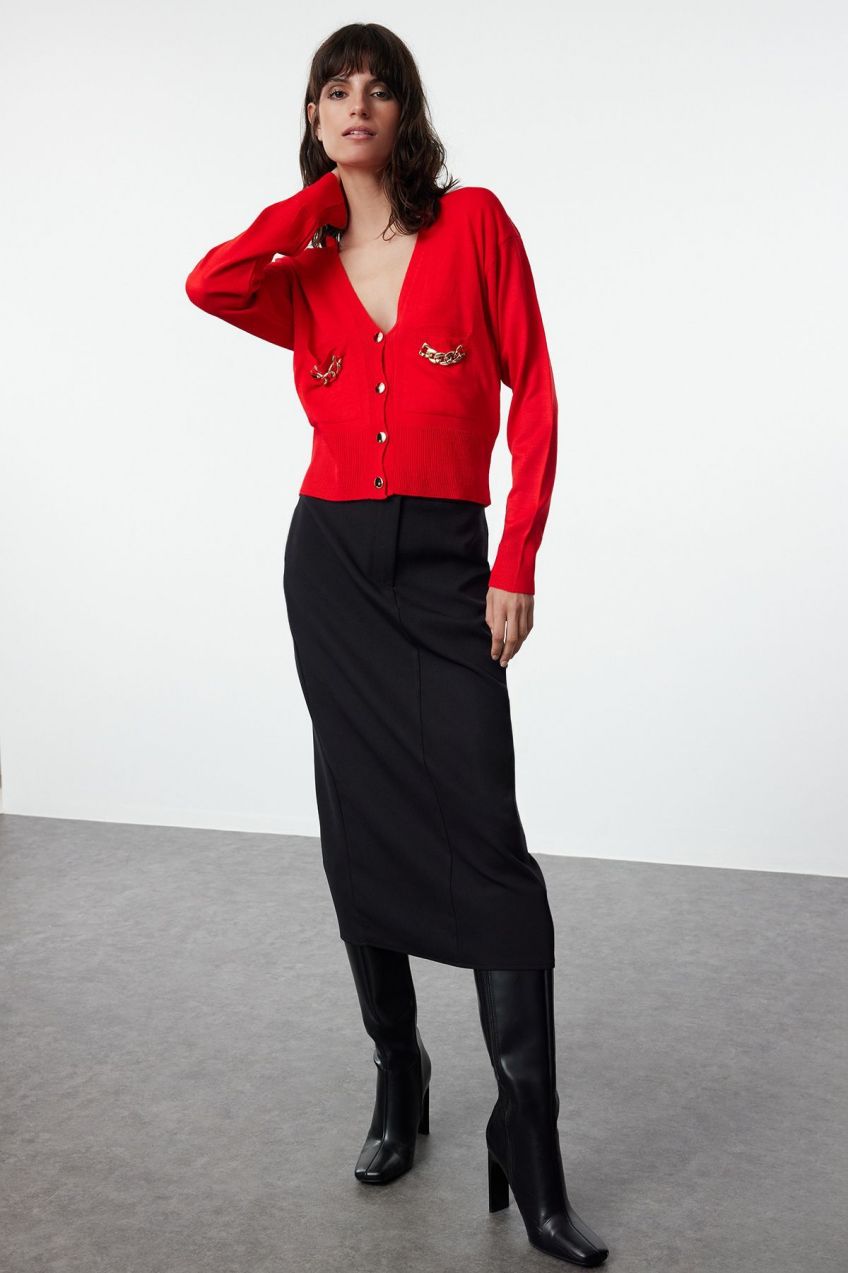 Trendyol Red Accessory Detailed Knitwear Cardigan