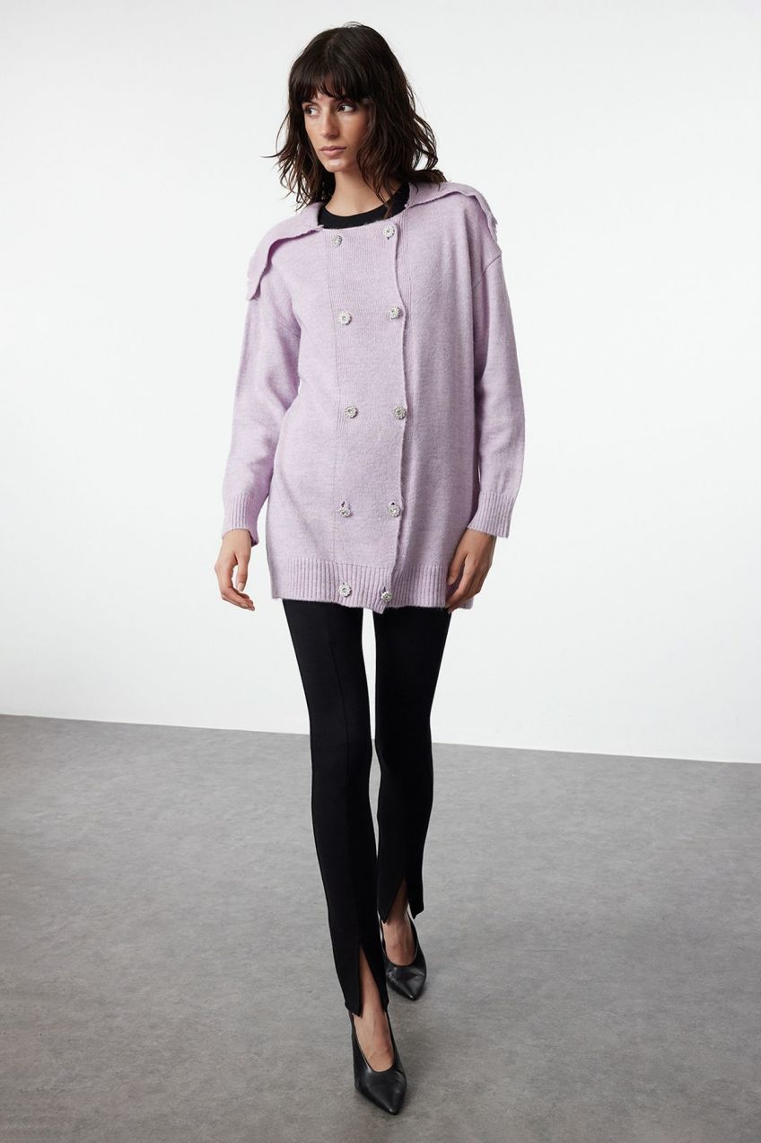Trendyol Lilac Soft Textured Stoned Button Detailed Knitwear Cardigan