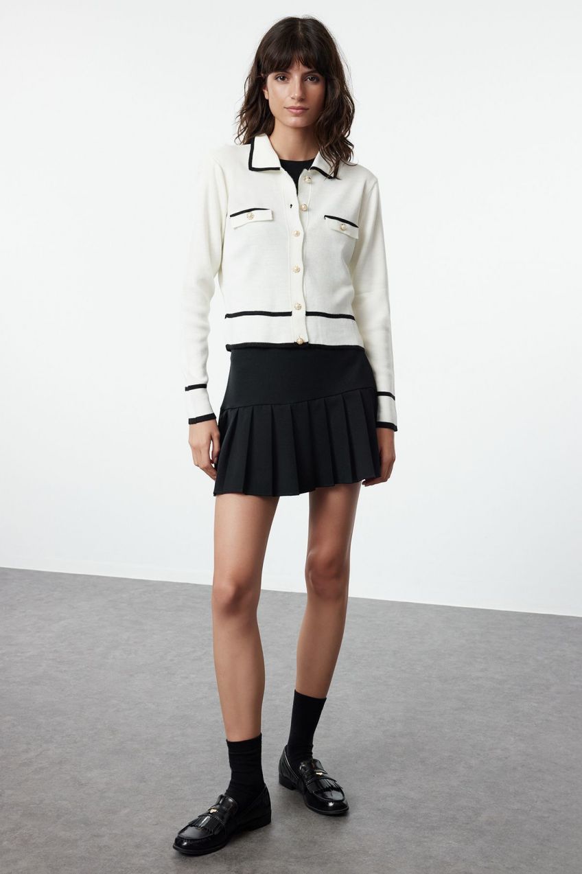 Trendyol Ecru Color Blocked Polo Neck Knitwear Cardigan