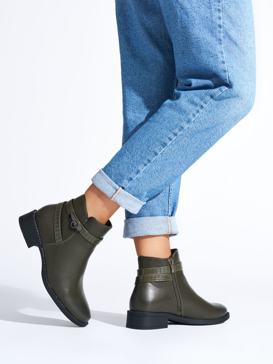 Shelvt Dark green women's low-heeled ankle boots
