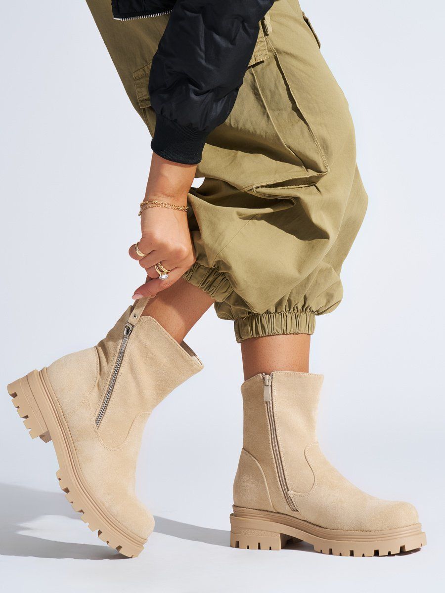 Shelvt Brown women's ankle boots with a decorative zipper