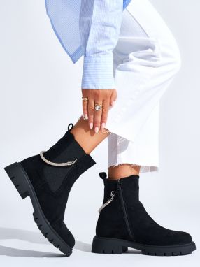 Shelvt Women's black ankle boots with a decorative chain