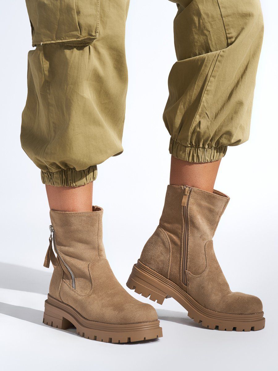 Shelvt Brown women's ankle boots with a decorative zipper