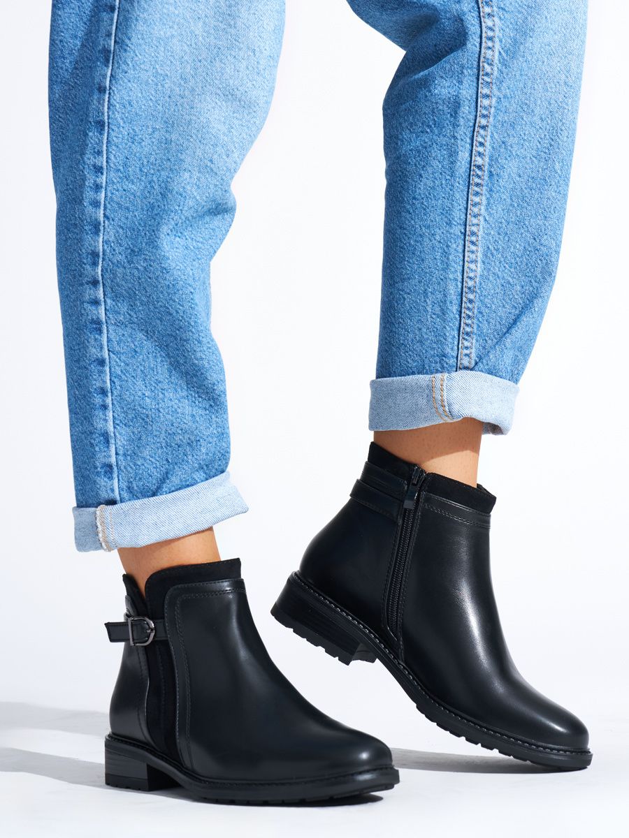 Shelvt Women's black low-heeled ankle boots