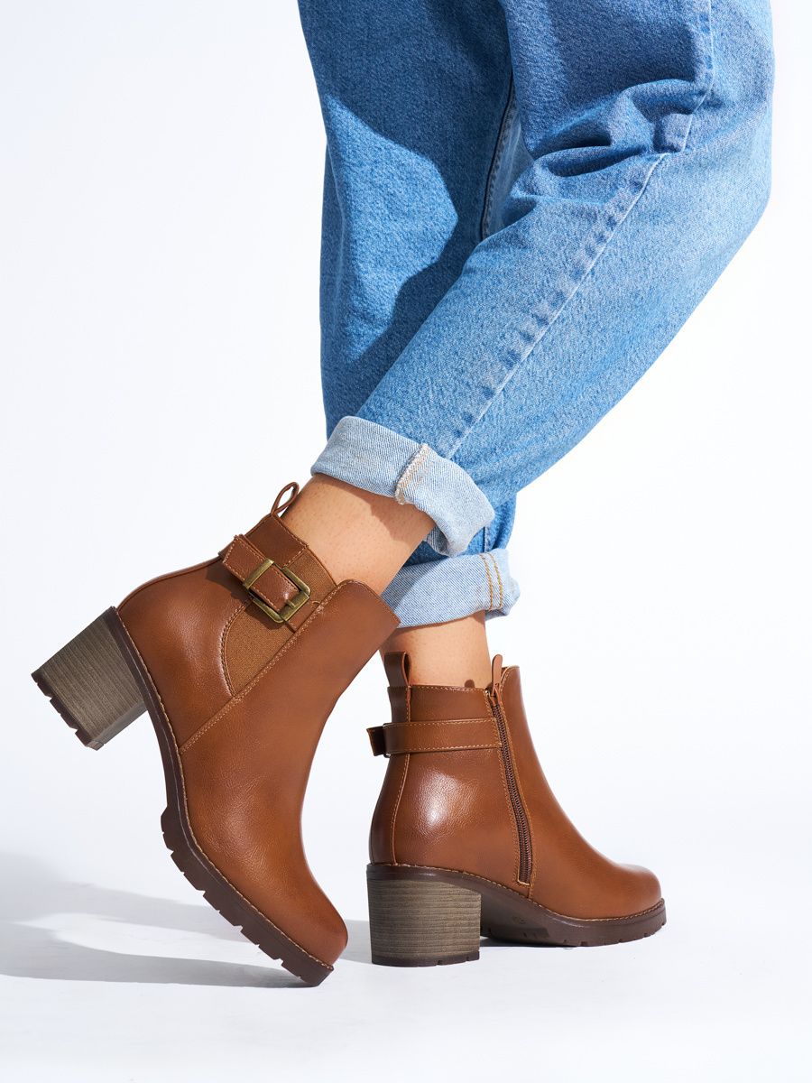 Shelvt Brown women's ankle boots on a heel