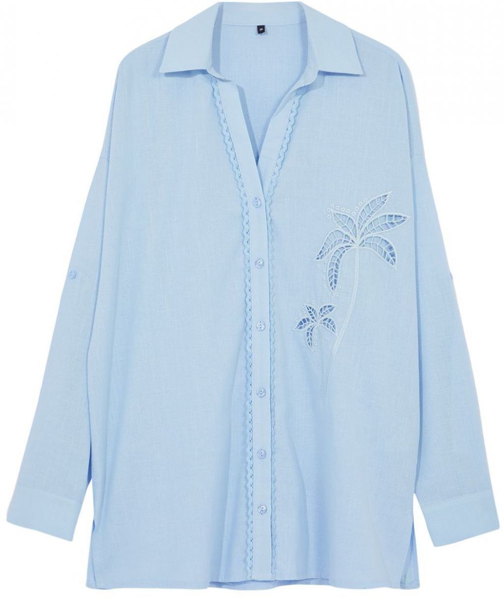 Trendyol Blue Woven Embroidered 100% Cotton Shirt