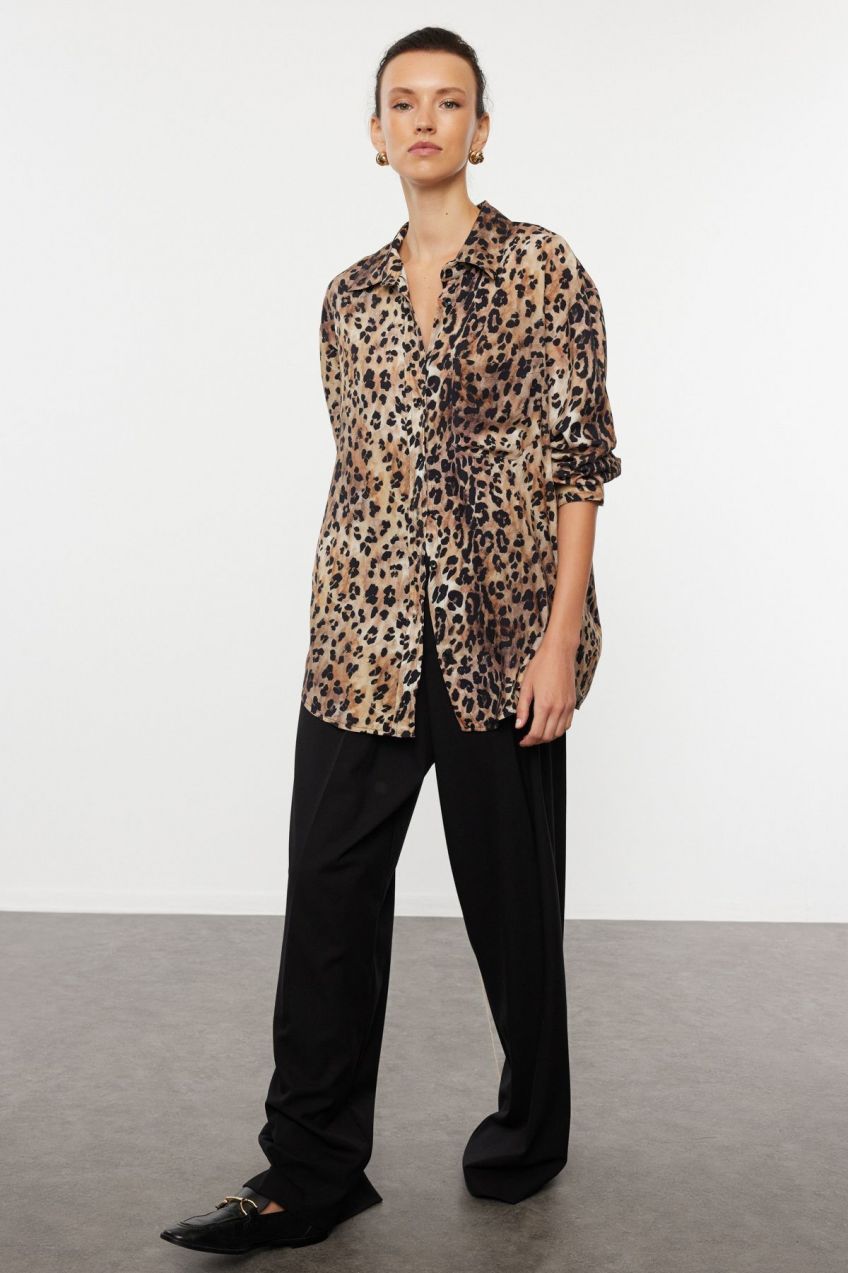 Trendyol Brown Leopard Animal Patterned Oversize Woven Wide Pattern Shirt
