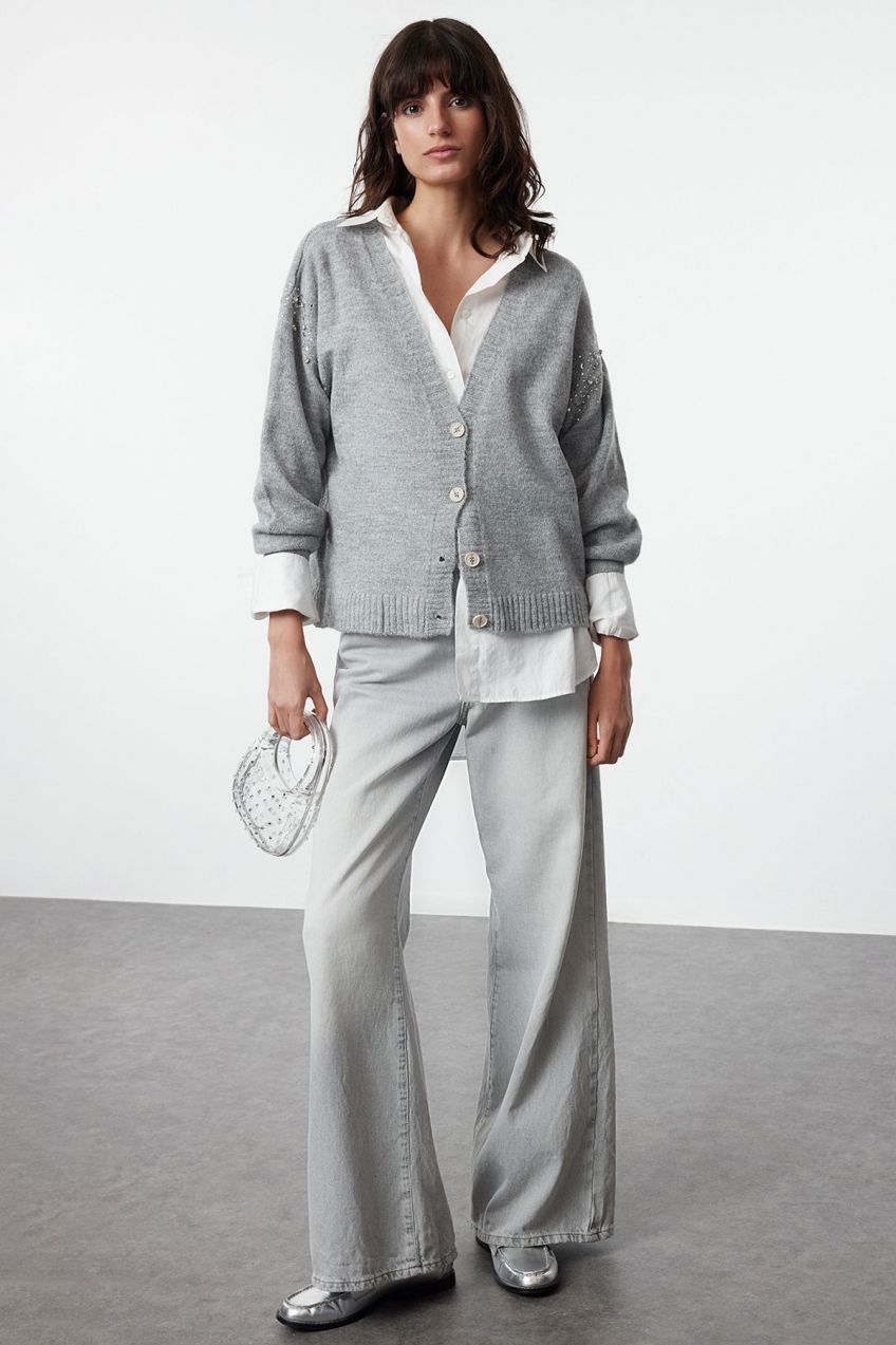 Trendyol Gray Soft Textured Stone Detailed Wide Fit Knitwear Cardigan