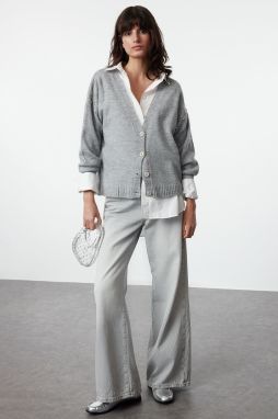 Trendyol Gray Soft Textured Stone Detailed Wide Fit Knitwear Cardigan