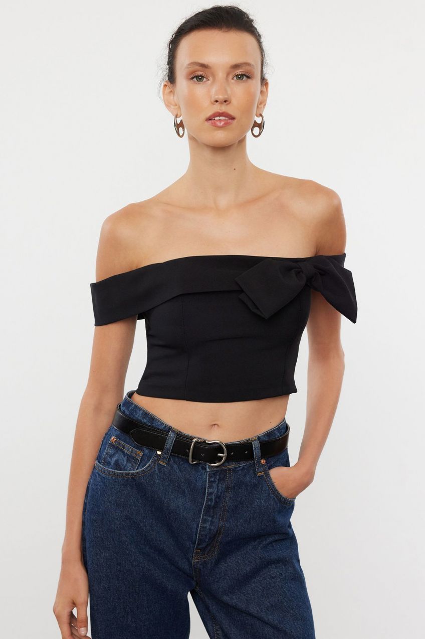 Trendyol Black Bow Detailed Carmen Collar Crop Woven Blouse
