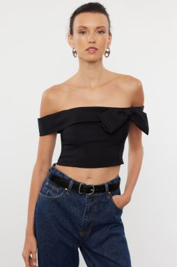 Trendyol Black Bow Detailed Carmen Collar Crop Woven Blouse