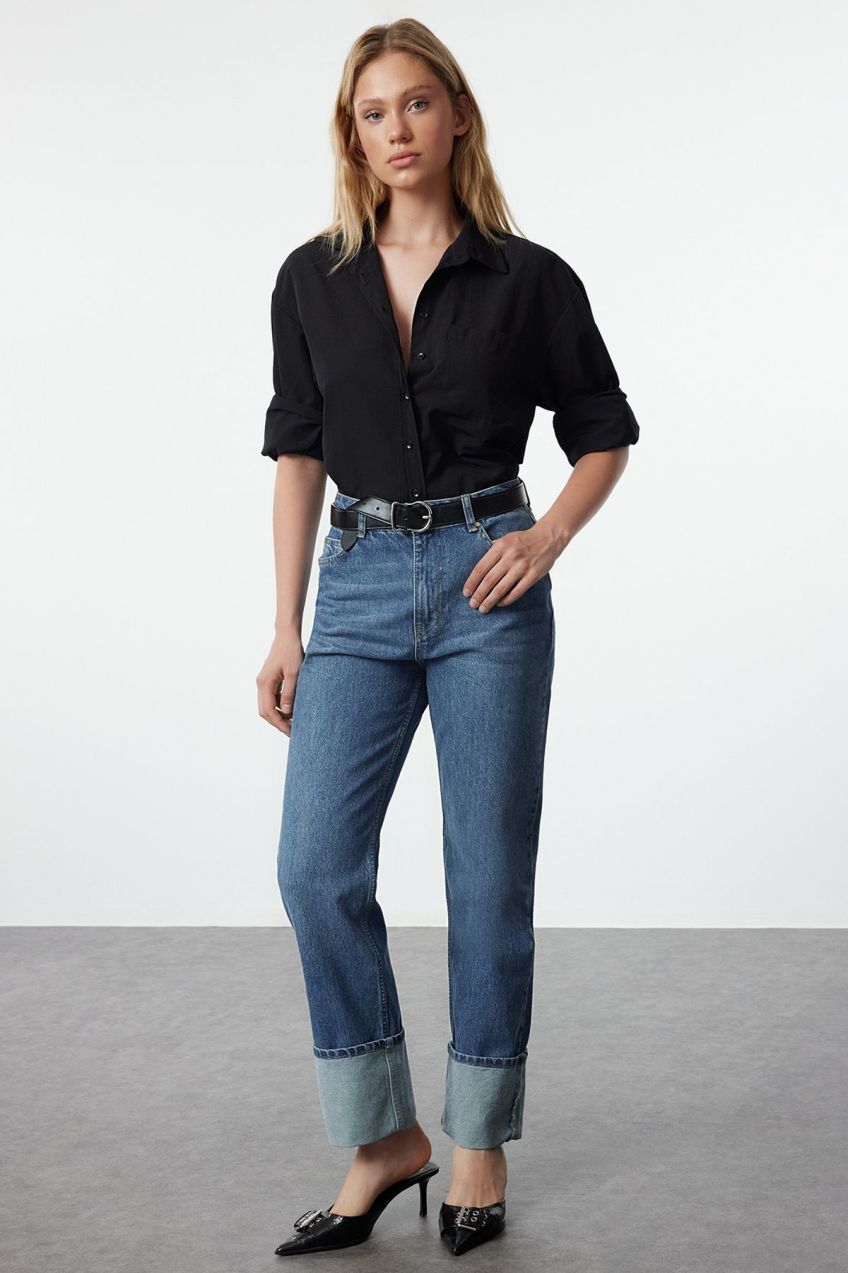 Trendyol Blue More Sustainable Folded Leg High Waist Straight Jeans