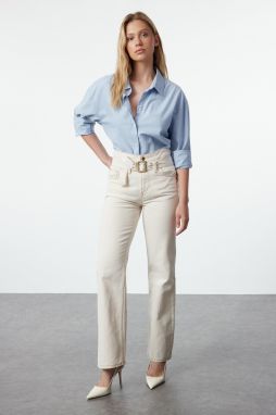 Trendyol Ecru Belted High Waist Wide Leg Trousers