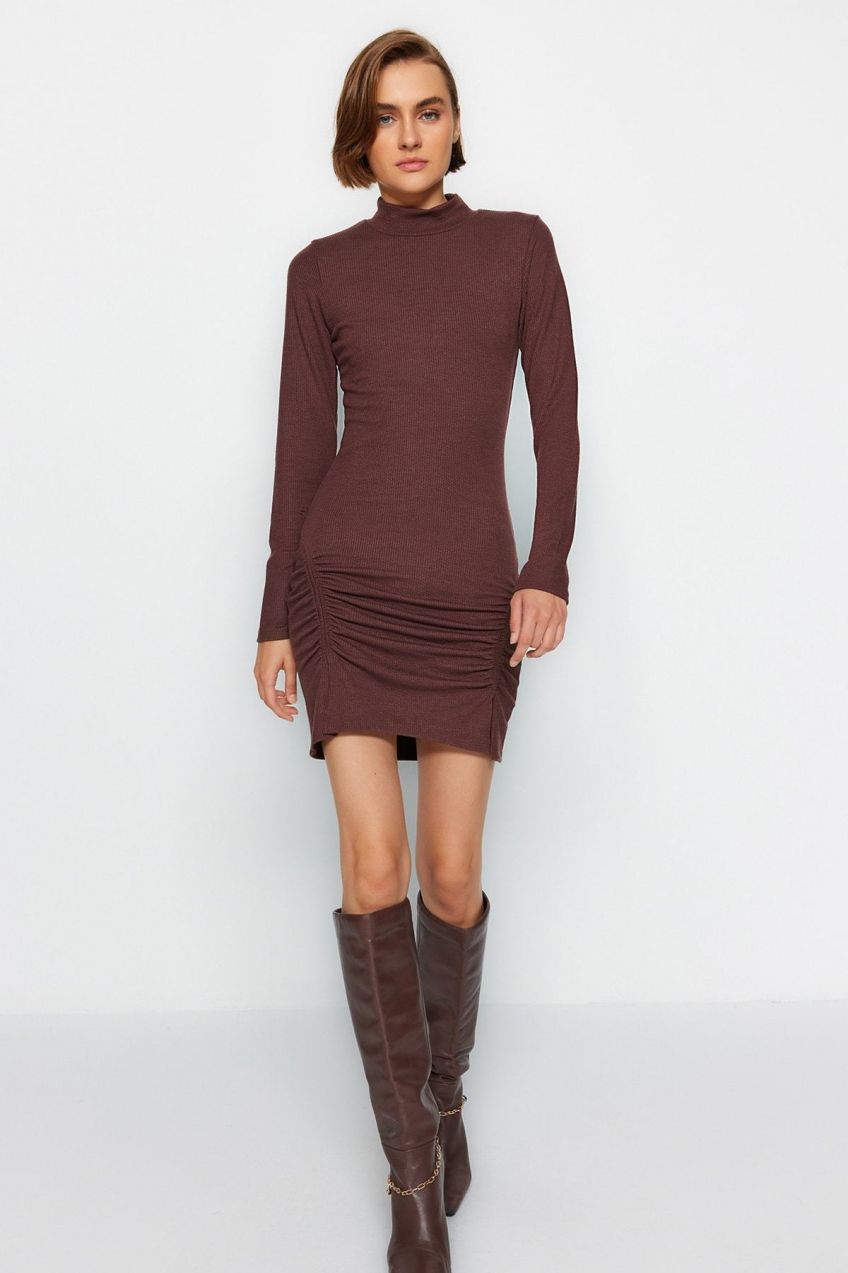 Trendyol Brown High Collar Fitted Long Sleeve Slit Mini Ribbed Stretchy Knitted Dress