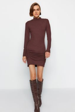 Trendyol Brown High Collar Fitted Long Sleeve Slit Mini Ribbed Stretchy Knitted Dress