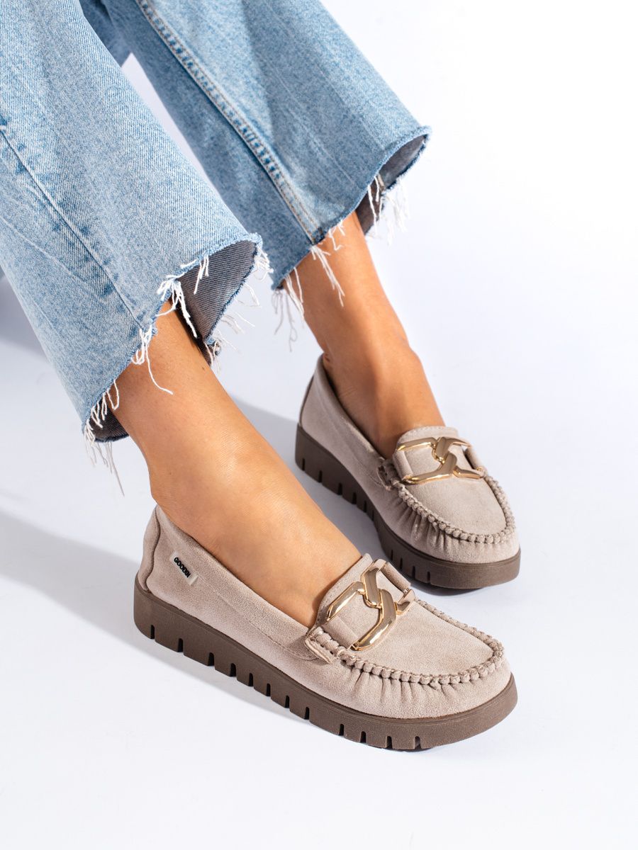 Beige women's suede loafers Shelovet