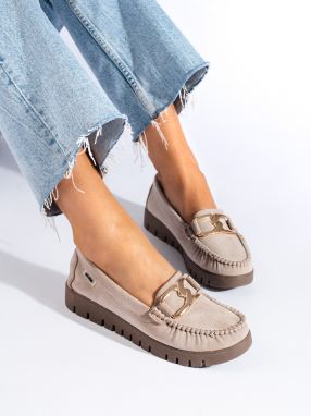 Beige women's suede loafers Shelovet