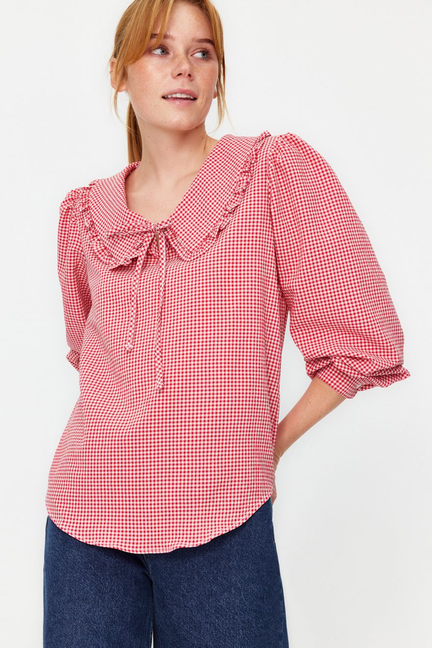 Trendyol Red Collar Detailed Woven Checkered Woven Blouse