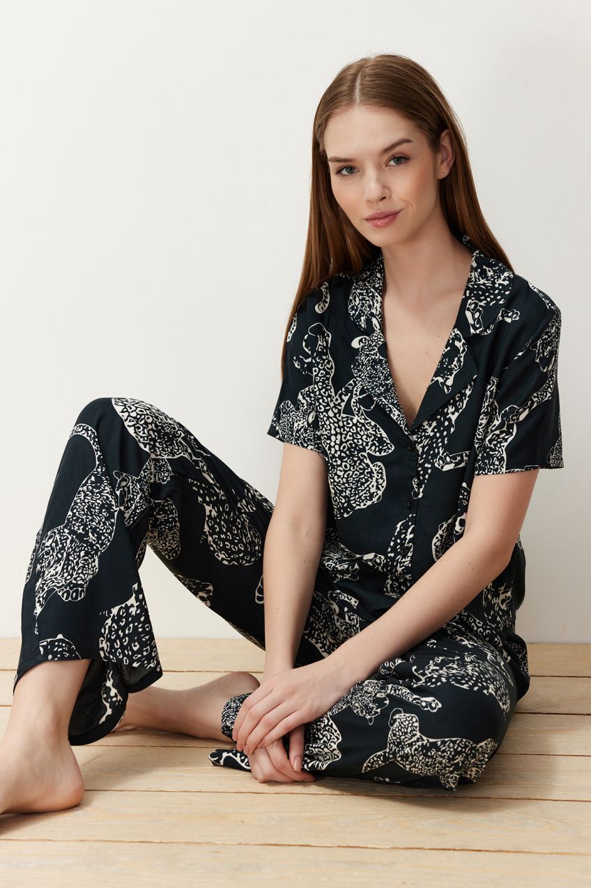 Trendyol Anthracite Animal Patterned Viscose Woven Pajama Set