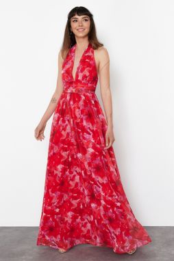Trendyol Multicolored A-Line Floral Patterned Deep V-Neck Woven Long Evening Dress