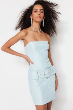 Trendyol Light Blue Belted Fitted Textured Self-Patterned Woven Short Elegant Evening Dress