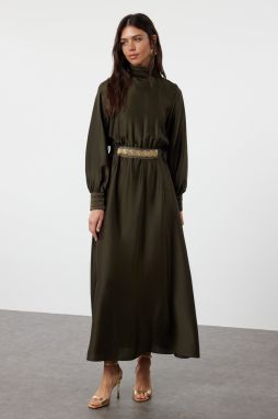 Trendyol Khaki Beaded Belted Woven Satin Evening Dress