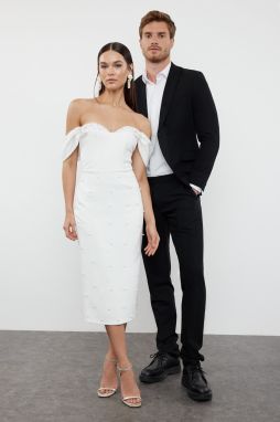 Trendyol White Pearl Embroidered Shiny Stone Woven Elegant Evening Dress