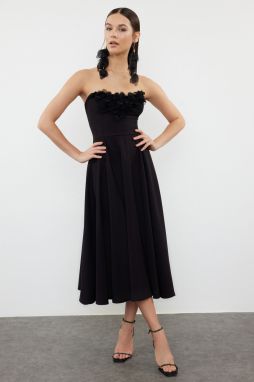 Trendyol Black A-Cut Floral Appliqued Woven Elegant Evening Dress