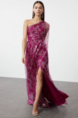 Trendyol Burgundy-Multicolor A-Cut One Shoulder Woven Tulle Long Elegant Evening Dress