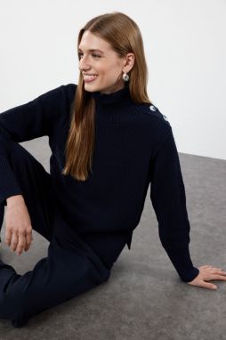Trendyol Navy Blue Button Detailed Knitwear Sweater