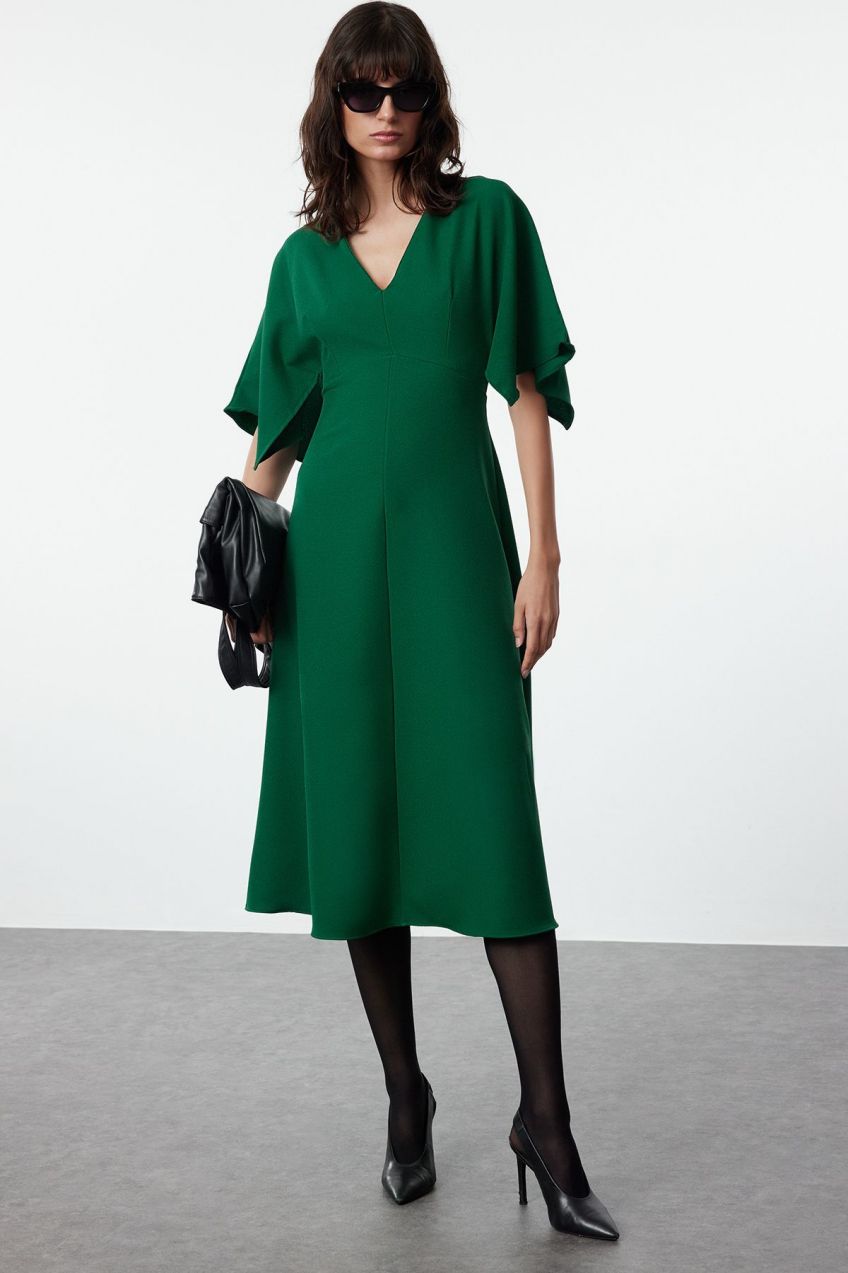 Trendyol Green Angel Sleeve Detailed A-Line Skirt Flounce Midi Woven Dress