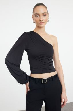 Trendyol Black Single Sleeve Gathered/Draped Fitted Crop/Short Stretchy Knitted Blouse