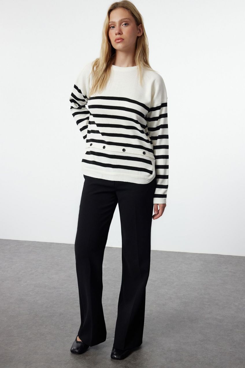 Trendyol Ecru Striped Functional Button Detailed Knitwear Sweater