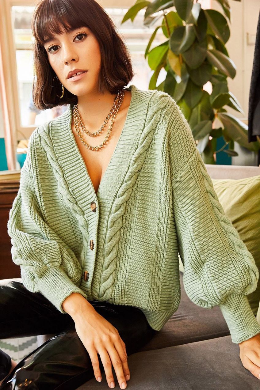 Olalook Women's Mint Green Thick Hair Braided Knitwear Cardigan