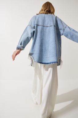 Happiness İstanbul Women's Ice Blue Chain Detailed Oversize Denim Jacket