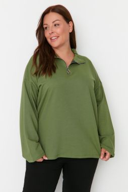 Trendyol Curve Khaki Zipper High Collar Thin Knitted Sweatshirt
