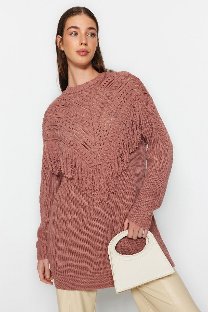 Trendyol Dusty Rose Openwork and Tassel Detailed Tiko Thessaloniki Knitted Sweater