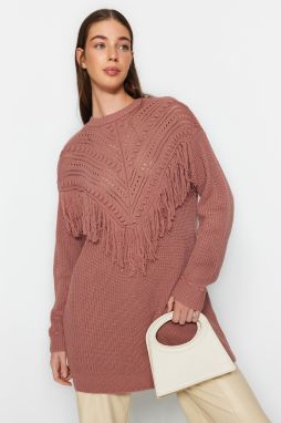 Trendyol Dusty Rose Openwork and Tassel Detailed Tiko Thessaloniki Knitted Sweater