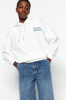 Trendyol Ecru Regular Motto Embroidered Hooded Thick Knitted Sweatshirt