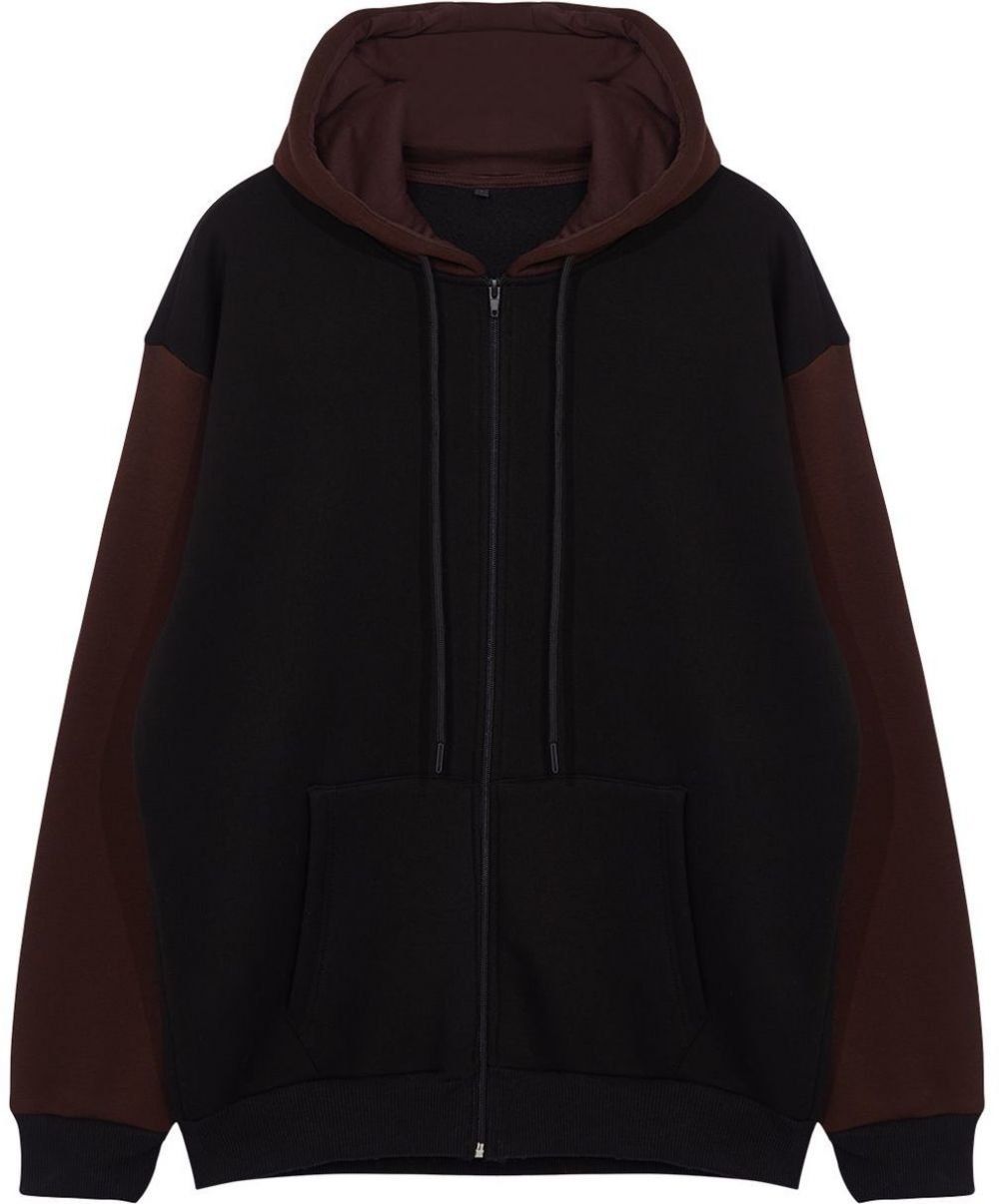 Trendyol Black Oversize/Wide Cut Hooded Color Block Fleece Inside/Warm Zippered Cardigan/Sweatshirt