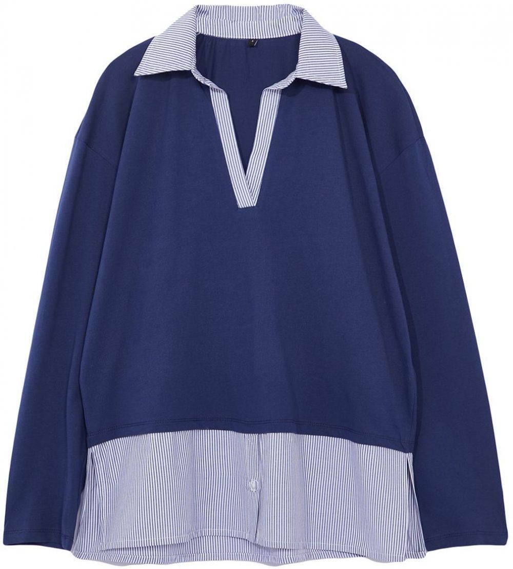 Trendyol Navy Blue Striped Poplin Detailed Polo Neck Relaxed/Casual Cut Knitted Blouse