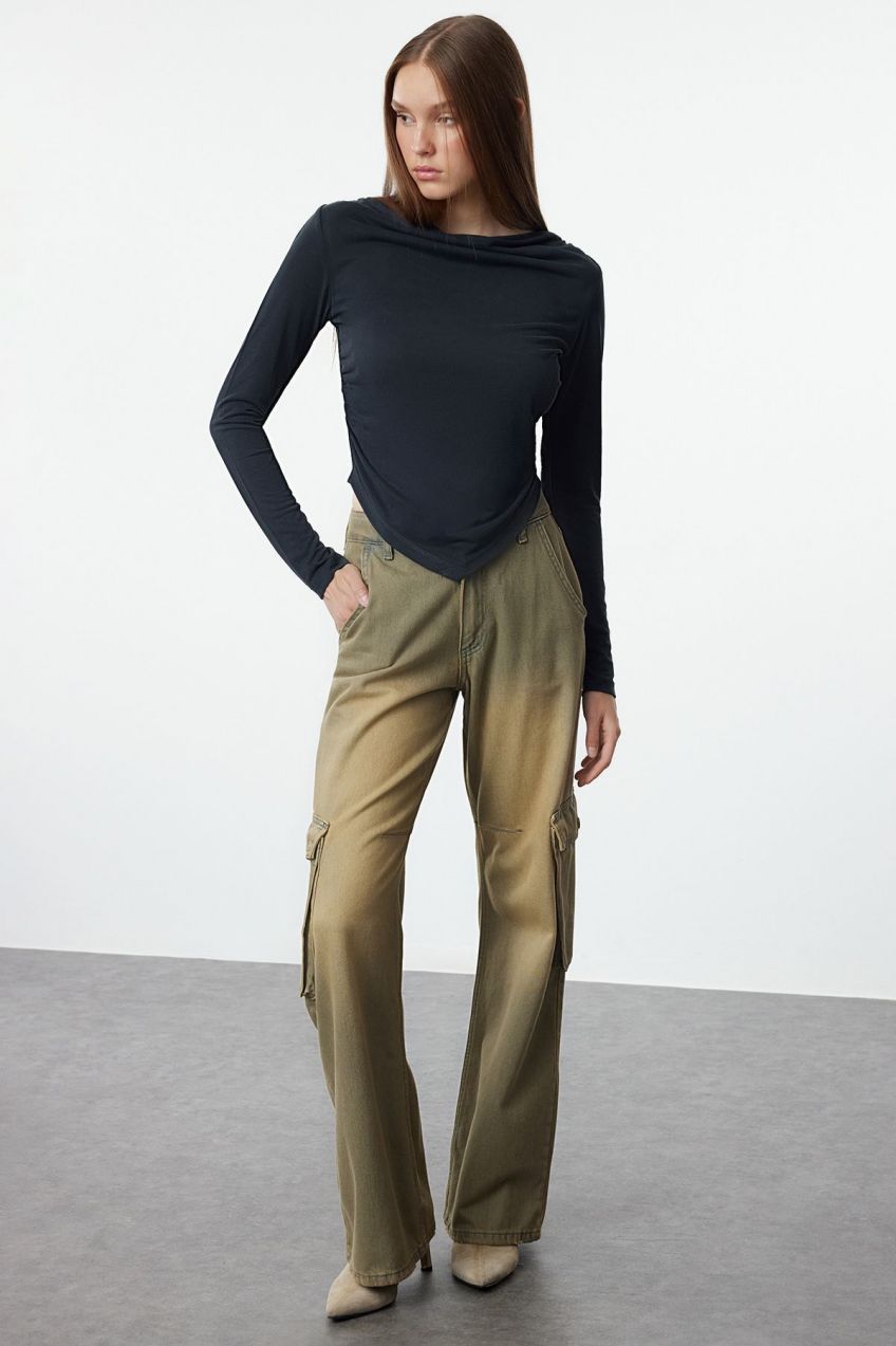 Trendyol Anthracite Modal Fabric Lace Collar Draped Padded Asymmetrical Knitted Blouse