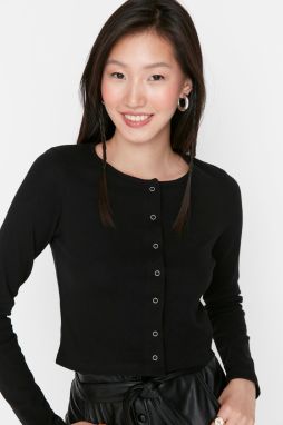 Trendyol Black Button Detailed Fitted Crop Crew Neck Corded Cotton Stretchy Knitted Blouse
