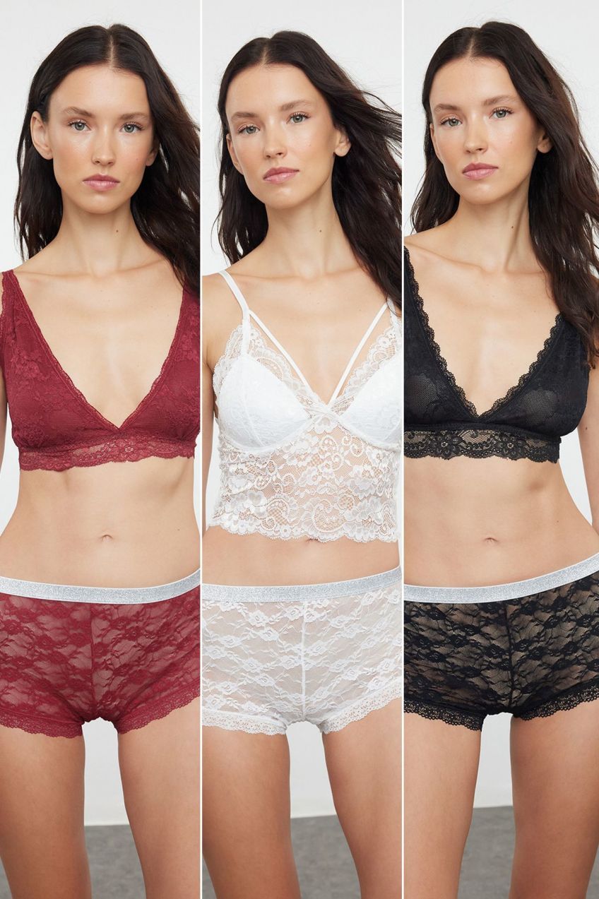 Trendyol Black-White-Claret Red 3-Pack Lace Openwork/Perforated Hipster Knitted Panties