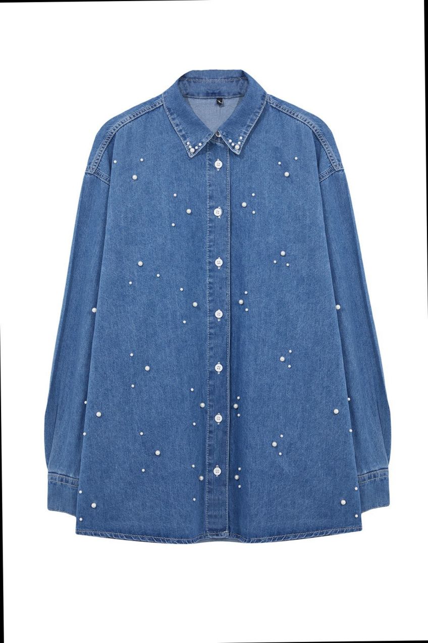 Trendyol Blue Pearl Stone Detailed Denim Shirt