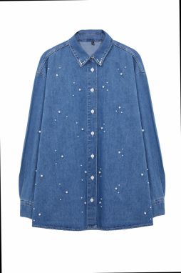 Trendyol Blue Pearl Stone Detailed Denim Shirt