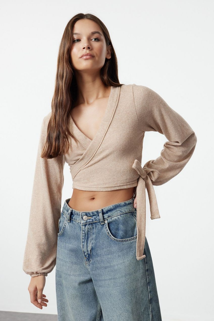 Trendyol Beige Soft Tie Detailed Long Sleeve Knitted Blouse