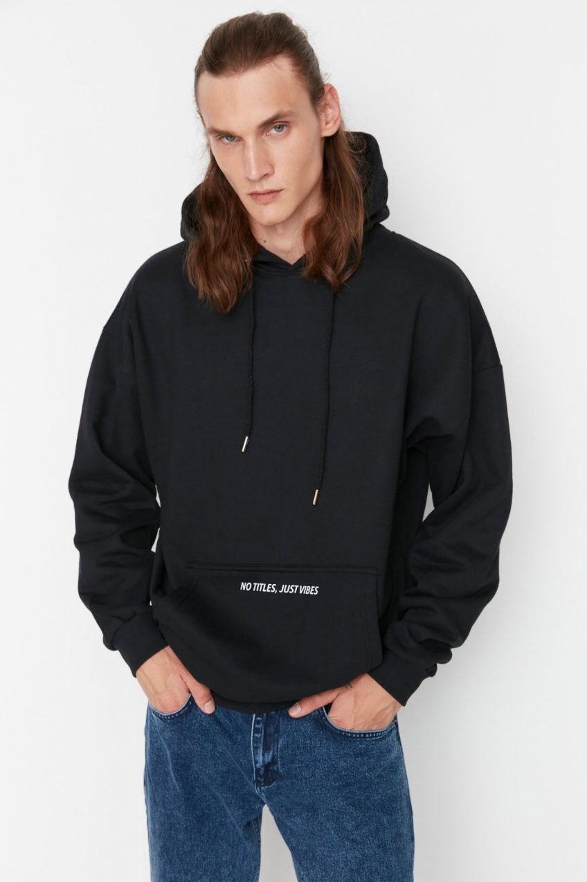 Trendyol Black Oversize/Wide Cut Fit Hooded Text Printed Sweatshirt