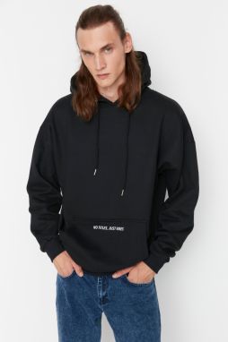 Trendyol Black Oversize/Wide Cut Fit Hooded Text Printed Sweatshirt