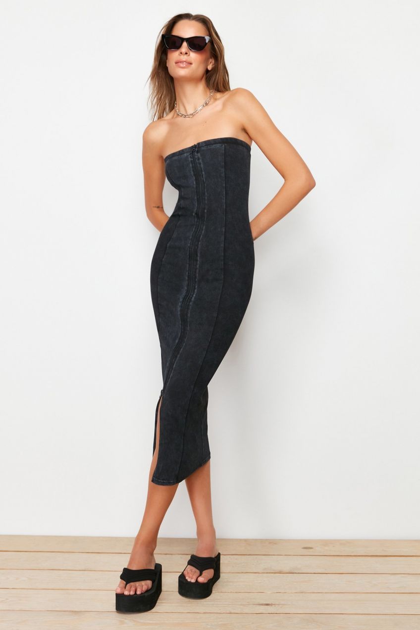 Trendyol Black Antique/Faded Effect Fitted/Closing Stretchy Knitted Midi Pencil Dress